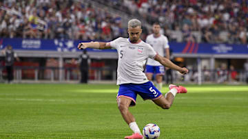 Jun 23, 2024; Arlington, TX, USA; United States defender Antonee Robinson (5) in action during the game between the United States and Bolivia in a 2024 Copa America match at AT&T Stadium. Mandatory Credit: Jerome Miron-Imagn Images