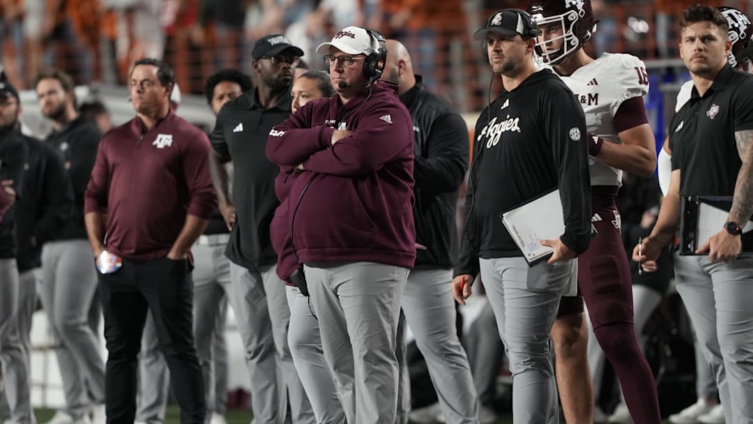 Head coach Mike Elko watches the first half of play against the Texas Longhorns at Darrell K Royal-Texas Memorial Stadium. Mandatory Credit: Scott Wachter-Imagn Images