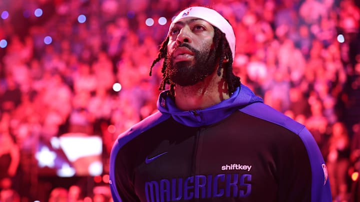 Apr 5, 2025; Inglewood, California, USA; Dallas Mavericks forward Anthony Davis (3) looks on during the National Anthem before the game against the Los Angeles Clippers at Intuit Dome. Mandatory Credit: Kiyoshi Mio-Imagn Images