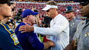 LSU head coach Brian Kelly and Ole Miss head coach Lane Kiffin shake hands after a college football game between Ole Miss and LSU at Vaught-Hemingway Stadium in Oxford, Miss., on Saturday, Sept. 27, 2025. Ole Miss defeated LSU 24-19.