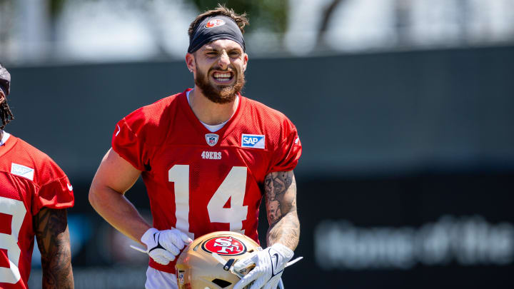 May 10, 2024; Santa Clara, CA, USA; San Francisco 49ers wide receiver Ricky Pearsall (14) smiles during the 49ers rookie minicamp at Levi’s Stadium in Santa Clara, CA. Mandatory Credit: Robert Kupbens-USA TODAY Sports