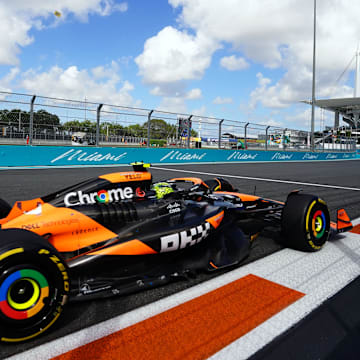 May 3, 2024; Miami Gardens, Florida, USA; McLaren driver Lando Norris (4) races out of turn 17 during F1 Sprint Qualifying at Miami International Autodrome. Mandatory Credit: John David Mercer-Imagn Images