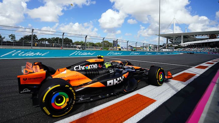 May 3, 2024; Miami Gardens, Florida, USA; McLaren driver Lando Norris (4) races out of turn 17 during F1 Sprint Qualifying at Miami International Autodrome. Mandatory Credit: John David Mercer-Imagn Images