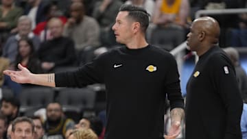 Nov 1, 2024; Toronto, Ontario, CAN; Los Angeles Lakers head coach JJ Redick reacts to a play against the Toronto Raptors during the second half at Scotiabank Arena. Mandatory Credit: John E. Sokolowski-Imagn Images