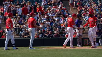 Mar 8, 2024; Tempe, Arizona, USA; Los Angeles Angels designated hitter Miguel Sano (22) comes in to score after hitting a home run in the seventh and celebrates with outfielder Logan O’Hoppe (14), infielder Brandon Drury (23) and infielder Cole Fontenelle (76) during a spring training game against the Colorado Rockies at Tempe Diablo Stadium. Mandatory Credit: Allan Henry-USA TODAY Sports