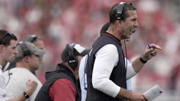 Oct 18, 2025; Madison, Wisconsin, USA; Wisconsin Badgers head coach Luke Fickell reacts during the second quarter of their game against the Ohio State Buckeyes at Camp Randall Stadium. Mandatory Credit: Mark Hoffman-Milwaukee Journal Sentinel-USA TODAY Network via Imagn Images