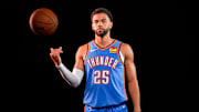 Oklahoma City Thunder guard Ajay Mitchell (25) poses for a photo shoot during Thunder media day at Paycom Center in Oklahoma City on Monday, Sept. 29, 2025.