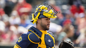 Feb 27, 2024; Tempe, Arizona, USA; Milwaukee Brewers catcher Jeferson Quero against the Los Angeles Angels during a spring training game at Tempe Diablo Stadium. Mandatory Credit: Mark J. Rebilas-USA TODAY Sports