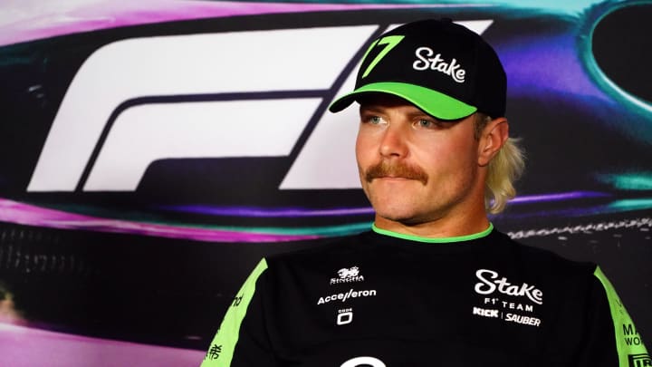 May 2, 2024; Miami Gardens, Florida, USA;  Kick Sauber driver Valtteri Bottas (77) addresses the media in advance of the Miami Grand Prix at the Miami International Autodrome. Mandatory Credit: John David Mercer-USA TODAY Sports