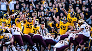 Minnesota place kicker Dragan Kesich (99) kicks a field goal at Kinnick Stadium on Saturday, October 21, 2023 in Iowa City.