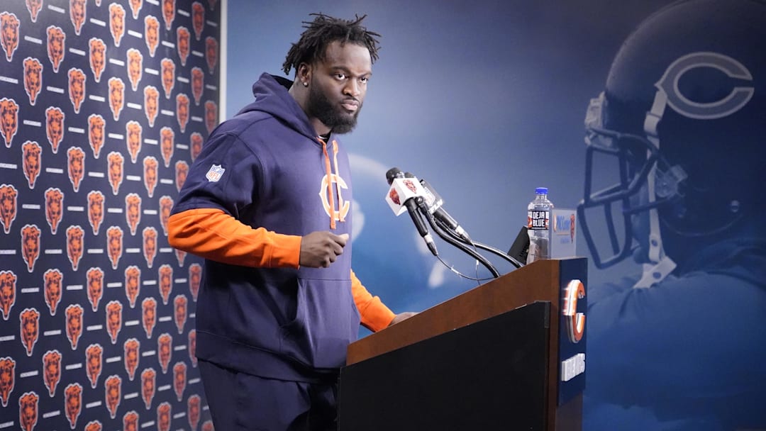 May 10, 2025; Lake Forest, IL, USA; Chicago Bears linebacker Ruben Hyppolite III answers questions after rookie minicamp at Halas Hall. Mandatory Credit: David Banks-Imagn Images