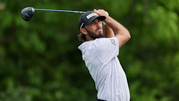 Max Homa tees off during the opening round of the 2025 Memorial Tournament at Muirfield Village