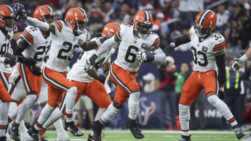 Dec 24, 2023; Houston, Texas, USA; Cleveland Browns linebacker Jeremiah Owusu-Koramoah (6) celebrates after a play during the game against the Houston Texans at NRG Stadium.