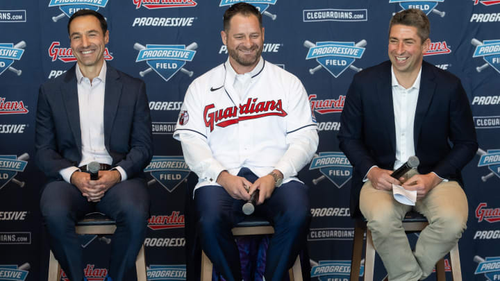 Nov 10, 2023; Cleveland, OH, USA;  Cleveland Guardians manager Stephen Vogt, middle, and president of baseball operations Chris Antonetti, left, and general manager Mike Chernoff, right, talk to the media during an introductory press conference at Progressive Field. Mandatory Credit: Ken Blaze-USA TODAY Sports
