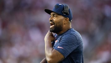 Dec 15, 2024; Glendale, Arizona, USA; New England Patriots head coach Jerod Mayo against the Arizona Cardinals at State Farm Stadium. Mandatory Credit: Mark J. Rebilas-Imagn Images