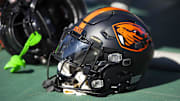 Nov 19, 2022; Tempe, Arizona, USA; Detailed view of an Oregon State Beavers helmet at Sun Devil Stadium. Mandatory Credit: Mark J. Rebilas-Imagn Images