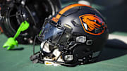 Nov 19, 2022; Tempe, Arizona, USA; Detailed view of an Oregon State Beavers helmet at Sun Devil Stadium. Mandatory Credit: Mark J. Rebilas-Imagn Images