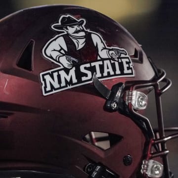 Nov 19, 2022; Columbia, Missouri, USA; A general view a New Mexico State Aggies helmet against the Missouri Tigers during the first half at Faurot Field at Memorial Stadium. Mandatory Credit: Denny Medley-USA TODAY Sports