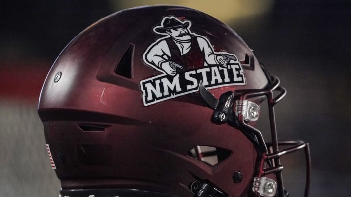 Nov 19, 2022; Columbia, Missouri, USA; A general view a New Mexico State Aggies helmet against the Missouri Tigers during the first half at Faurot Field at Memorial Stadium. Mandatory Credit: Denny Medley-USA TODAY Sports