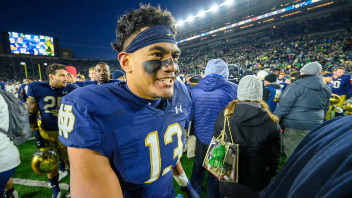 Nov 16, 2019; South Bend, IN, USA; Notre Dame Fighting Irish linebacker Paul Moala (13) leaves the field after Notre Dame defeated the Navy Midshipmen at Notre Dame Stadium. 