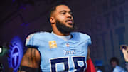 Tennessee Titans defensive tackle Jeffery Simmons (98) waits in the tunnel to enter the field before the game against the Houston Texans at Nissan Stadium in Nashville, Tenn., Sunday, Nov. 16, 2025.