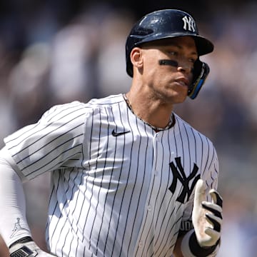 Jul 12, 2025; Bronx, New York, USA; New York Yankees right fielder Aaron Judge (99) rounds the bases after hitting a two run home run for his 350th home run against the Chicago Cubs during the ninth inning at Yankee Stadium. Mandatory Credit: Gregory Fisher-Imagn Images