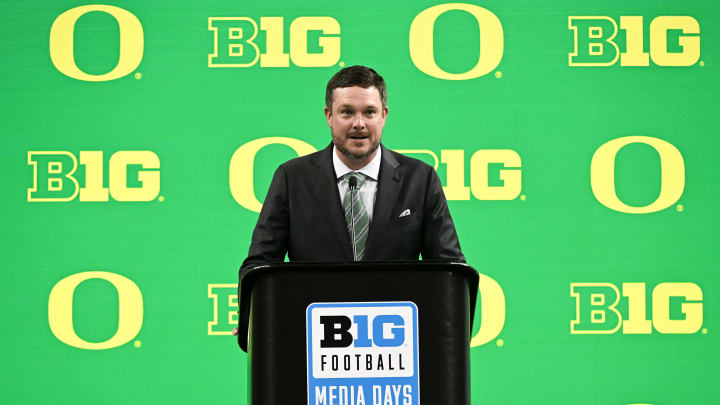 Jul 25, 2024; Indianapolis, IN, USA; Oregon Ducks head coach ??Dan Lanning speaks to the media during the Big 10 football media day at Lucas Oil Stadium. Mandatory Credit: Robert Goddin-USA TODAY Sports