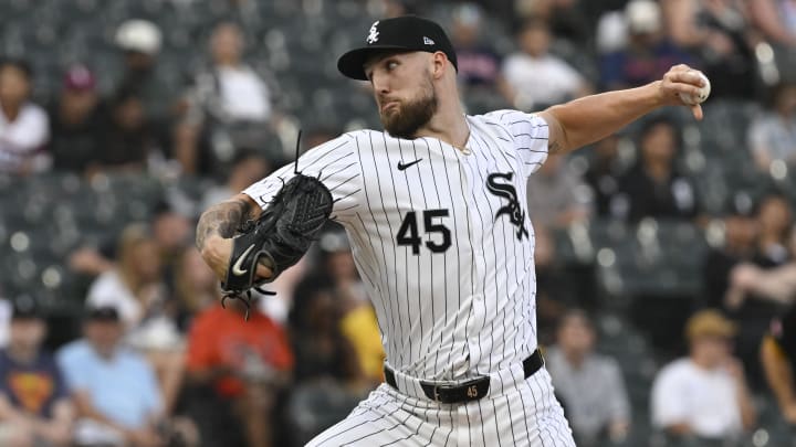 Jul 12, 2024; Chicago, Illinois, USA;  Chicago White Sox pitcher Garrett Crochet (45) delivers against the Pittsburgh Pirates during the first inning  at Guaranteed Rate Field. Mandatory Credit: Matt Marton-USA TODAY Sports