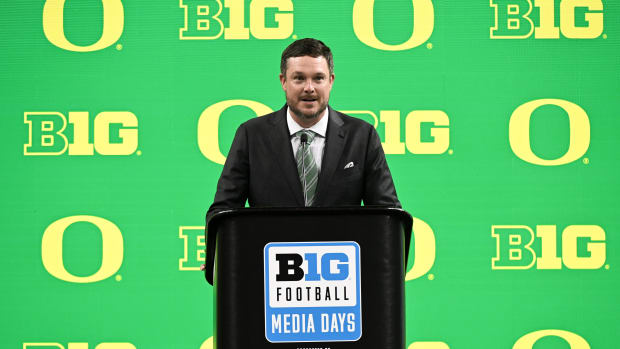 Oregon Ducks head coach Dan Lanning speaks to the media during the Big 10 football media day at Lucas Oil Stadium.