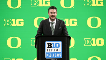 Jul 25, 2024; Indianapolis, IN, USA; Oregon Ducks head coach Dan Lanning speaks to the media during the Big 10 football media day at Lucas Oil Stadium.