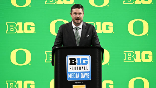 Oregon Ducks head coach Dan Lanning speaks to the media during the Big 10 football media day 