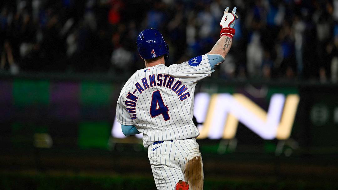 Sep 16, 2026; Chicago, Illinois, USA;  Chicago Cubs center fielder Pete Crow-Armstrong (4) gestures after he hits a home run during the seventh inning against the Atlanta Braves at Wrigley Field.  Mandatory Credit: Matt Marton-Imagn Images