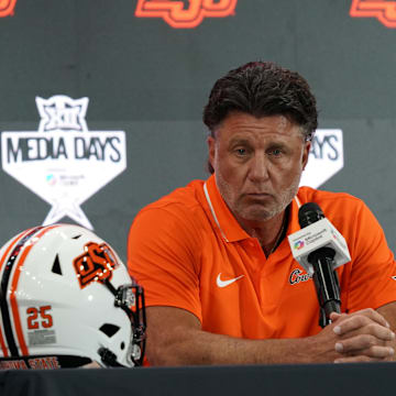 Jul 9, 2025; Frisco, TX, USA; Oklahoma State head coach Mike Gundy speaks with the media during 2025 Big 12 Football Media Days at The Star. Mandatory Credit: Raymond Carlin III-Imagn Images