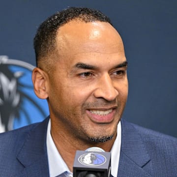 Jun 27, 2025; Dallas, TX, USA; Dallas Mavericks general manager Nico Harrison speaks to the media at the Dallas Mavericks Practice Facility. Mandatory Credit: Jerome Miron-Imagn Images