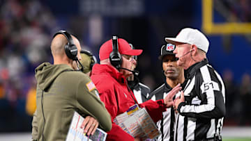 Nov 2, 2025; Orchard Park, New York, USA; Kansas City Chiefs head coach Andy Reid speaks with the referees during the third quarter against the Buffalo Bills at Highmark Stadium. Mandatory Credit: Mark Konezny-Imagn Images