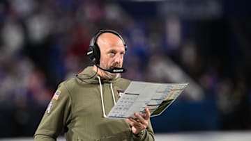 Nov 2, 2025; Orchard Park, New York, USA; Kansas City Chiefs offensive coordinator Matt Nagy looks on during the third quarter against the Buffalo Bills at Highmark Stadium. Mandatory Credit: Mark Konezny-Imagn Images