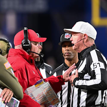 Nov 2, 2025; Orchard Park, New York, USA; Kansas City Chiefs head coach Andy Reid speaks with the referees during the third quarter against the Buffalo Bills at Highmark Stadium. Mandatory Credit: Mark Konezny-Imagn Images