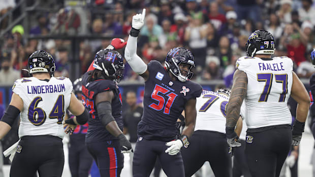 Houston Texans defensive end Will Anderson Jr. (51) reacts after a play during the first half against the Baltimore Ravens at