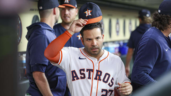 Jul 10, 2024; Houston, Texas, USA; Houston Astros second baseman Jose Altuve (27) walks in the dugout before the game against the Miami Marlins at Minute Maid Park