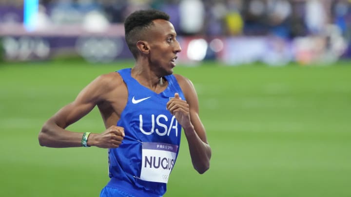 Aug 4, 2024; Paris, FRANCE; Yared Nuguse (USA) in the men's 1500m semifinals during the Paris 2024 Olympic Summer Games at Stade de France. 