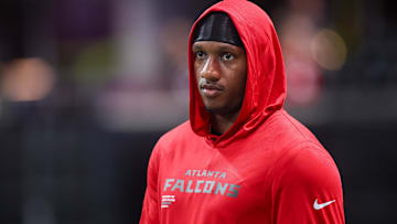 Aug 8, 2025; Atlanta, Georgia, USA; Atlanta Falcons quarterback Michael Penix Jr. (9) on the field before a game against the Detroit Lions at Mercedes-Benz Stadium.