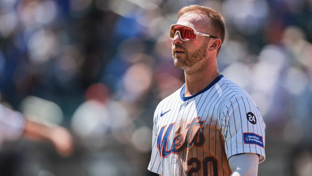 Jul 11, 2024; New York City, New York, USA; New York Mets first baseman Pete Alonso (20) walks back to the dug out during the fifth inning against the Washington Nationals at Citi Field.