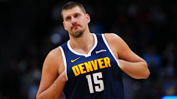 Nov 8, 2025; Denver, Colorado, USA; Denver Nuggets center Nikola Jokic (15) during the second half against the Indiana Pacers at Ball Arena. Mandatory Credit: Ron Chenoy-Imagn Images