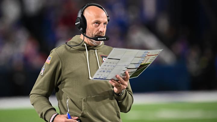 Nov 2, 2025; Orchard Park, New York, USA; Kansas City Chiefs offensive coordinator Matt Nagy looks on during the third quarter against the Buffalo Bills at Highmark Stadium. 