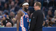 Jan 30, 2024; San Francisco, California, USA;  Philadelphia 76ers guard Patrick Beverley (22) talks to Philadelphia 76ers head coach Nick Nurse during the second quarter against the Golden State Warriors at Chase Center. Mandatory Credit: Neville E. Guard-USA TODAY Sports