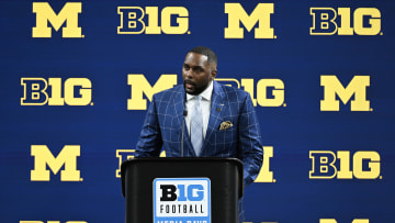 Jul 25, 2024; Indianapolis, IN, USA; Michigan Wolverines head coach Sherrone Moore speaks to the media during the Big 10 football media day at Lucas Oil Stadium. Mandatory Credit: Robert Goddin-USA TODAY Sports