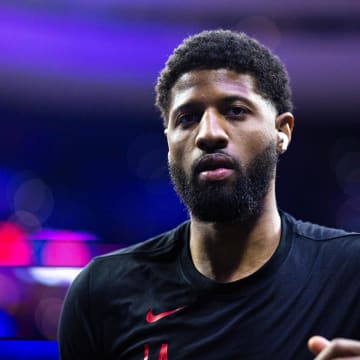 Mar 27, 2024; Philadelphia, Pennsylvania, USA; LA Clippers forward Paul George before action against the Philadelphia 76ers at Wells Fargo Center. Mandatory Credit: Bill Streicher-USA TODAY Sports