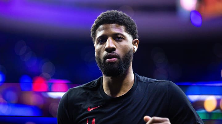 Mar 27, 2024; Philadelphia, Pennsylvania, USA; LA Clippers forward Paul George before action against the Philadelphia 76ers at Wells Fargo Center. Mandatory Credit: Bill Streicher-USA TODAY Sports