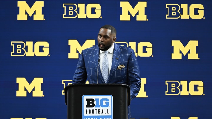 Jul 25, 2024; Indianapolis, IN, USA; Michigan Wolverines head coach Sherrone Moore speaks to the media during the Big 10 football media day at Lucas Oil Stadium. Mandatory Credit: Robert Goddin-USA TODAY Sports