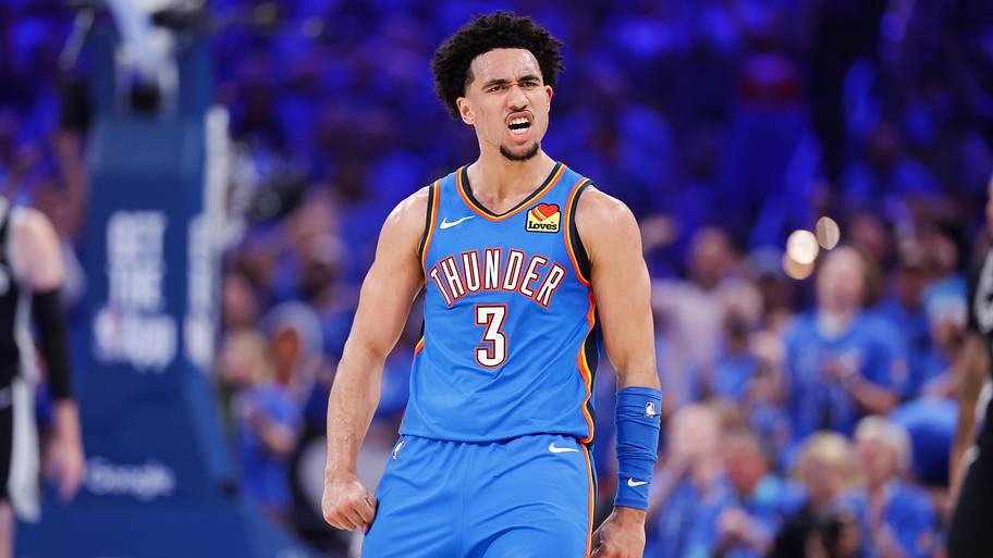 Thunder guard Jared McCain reacts in the second quarter against the Spurs during Game 1 of the Western Conference finals.